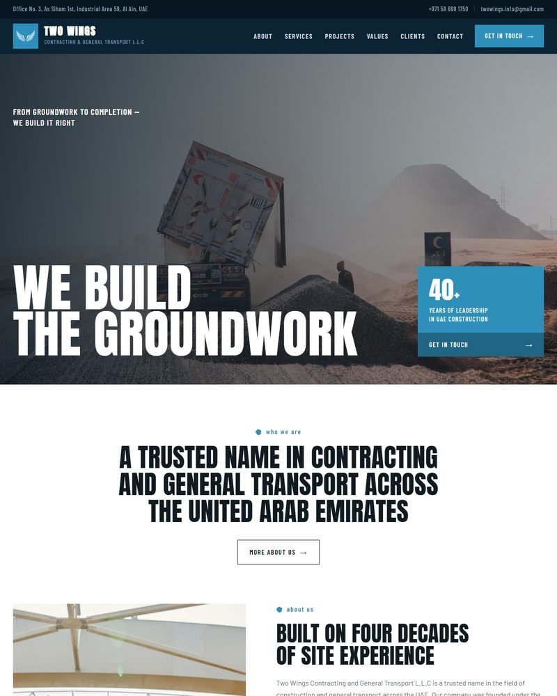 The Two Wings Contracting home page